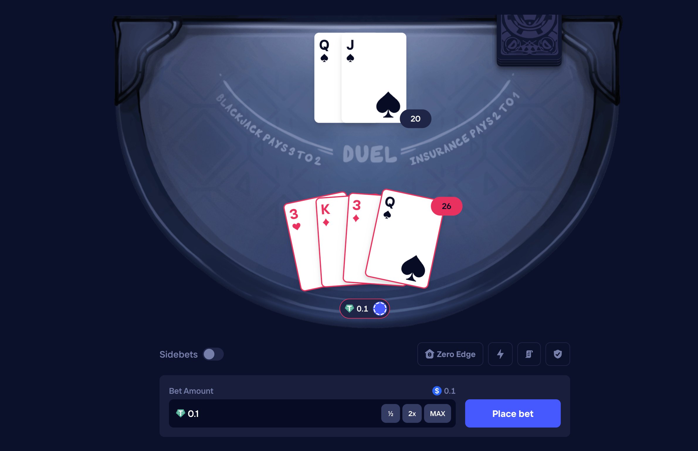 Duel.com Blackjack — main betting UI with dealer and player hands, side-bet toggle, and stake selector. Card stream is locked before the deal animation completes.
