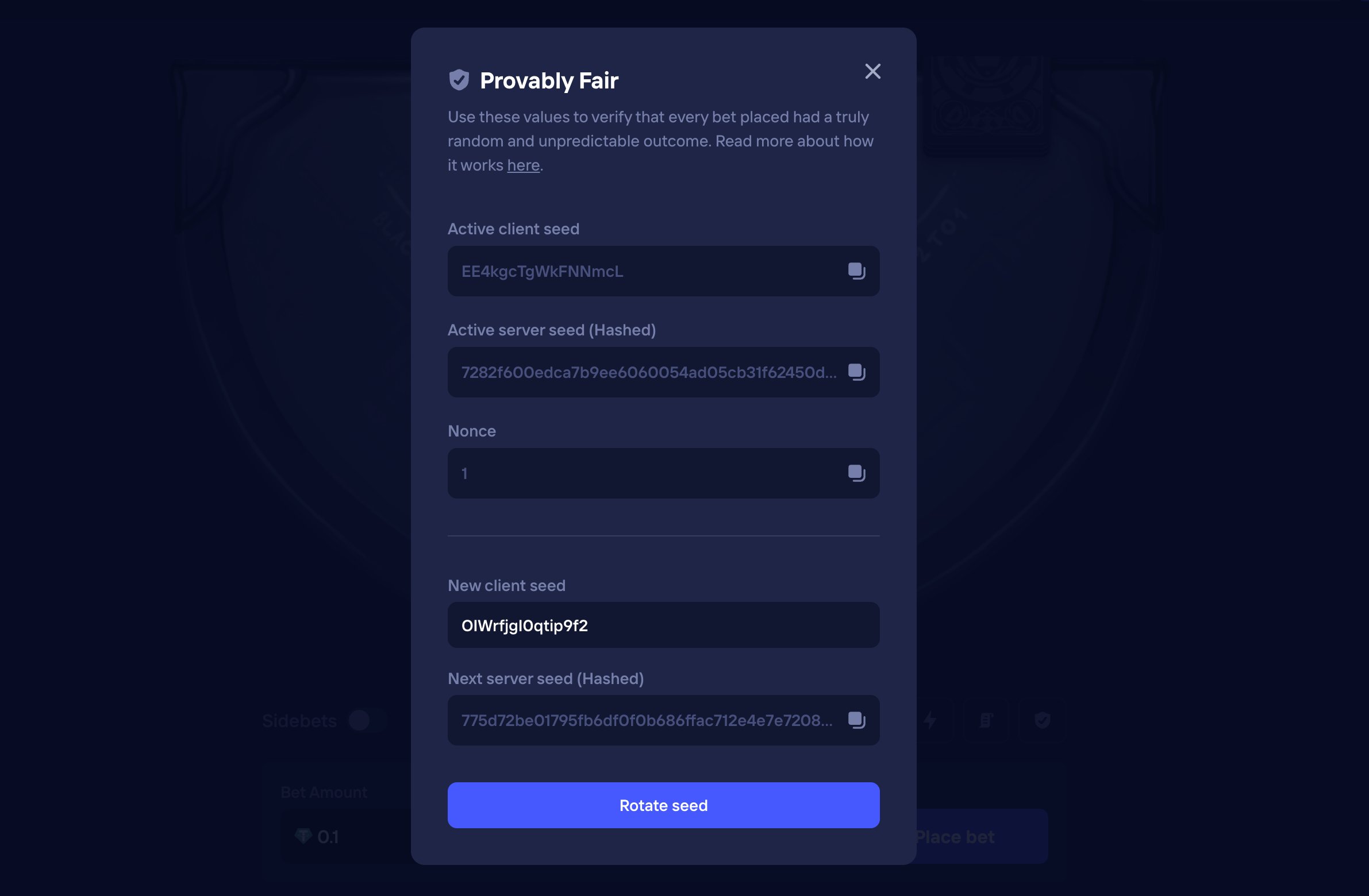 Provably Fair modal — active client seed, hashed server seed, nonce, customisable new client seed, next pair pre-commitment, and Rotate seed action.
