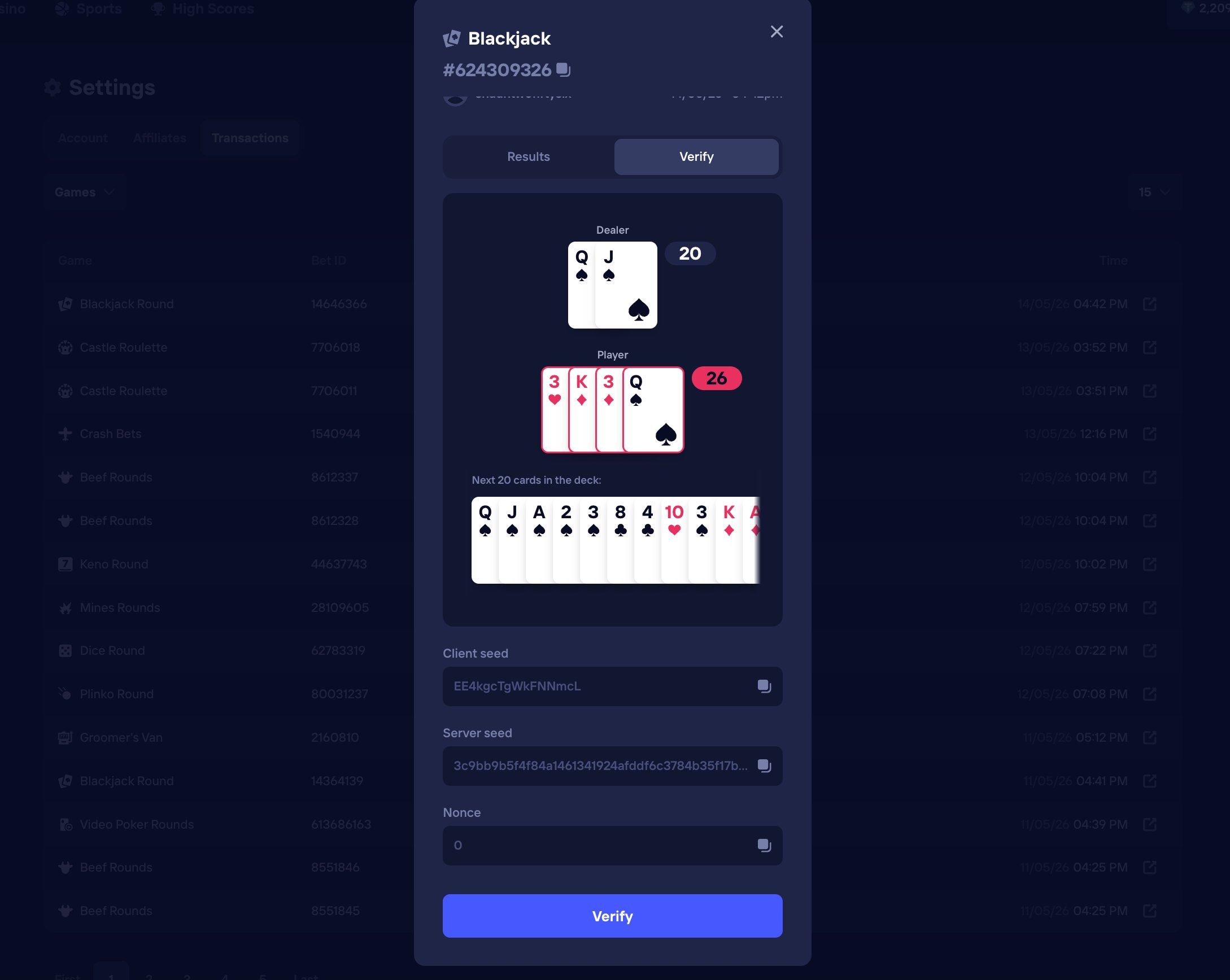 Per-bet transaction modal — revealed plaintext server seed, client seed, nonce, dealt hands, and the next cards in the deck.