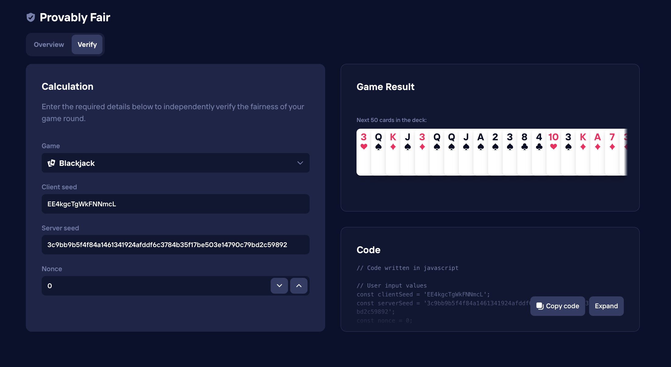 Provably Fair page — seeds populated from the per-bet modal, recomputed 50-card stream rendered inline matching the live game result.