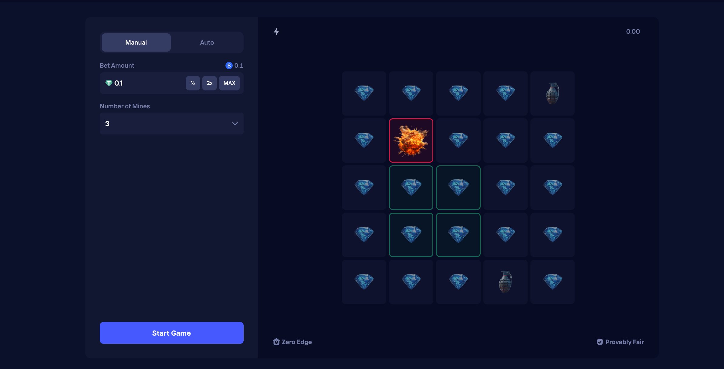 Duel.com Mines — 25-tile grid with mine-count selector. Mine placement is locked before you reveal any tile.