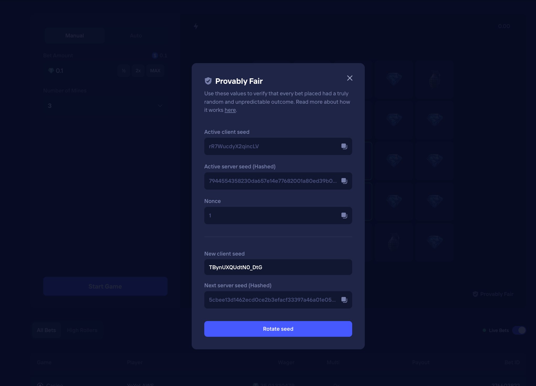 Provably Fair modal — active client seed, hashed server seed, nonce, customisable new client seed, next pair pre-commitment, and Rotate seed action.