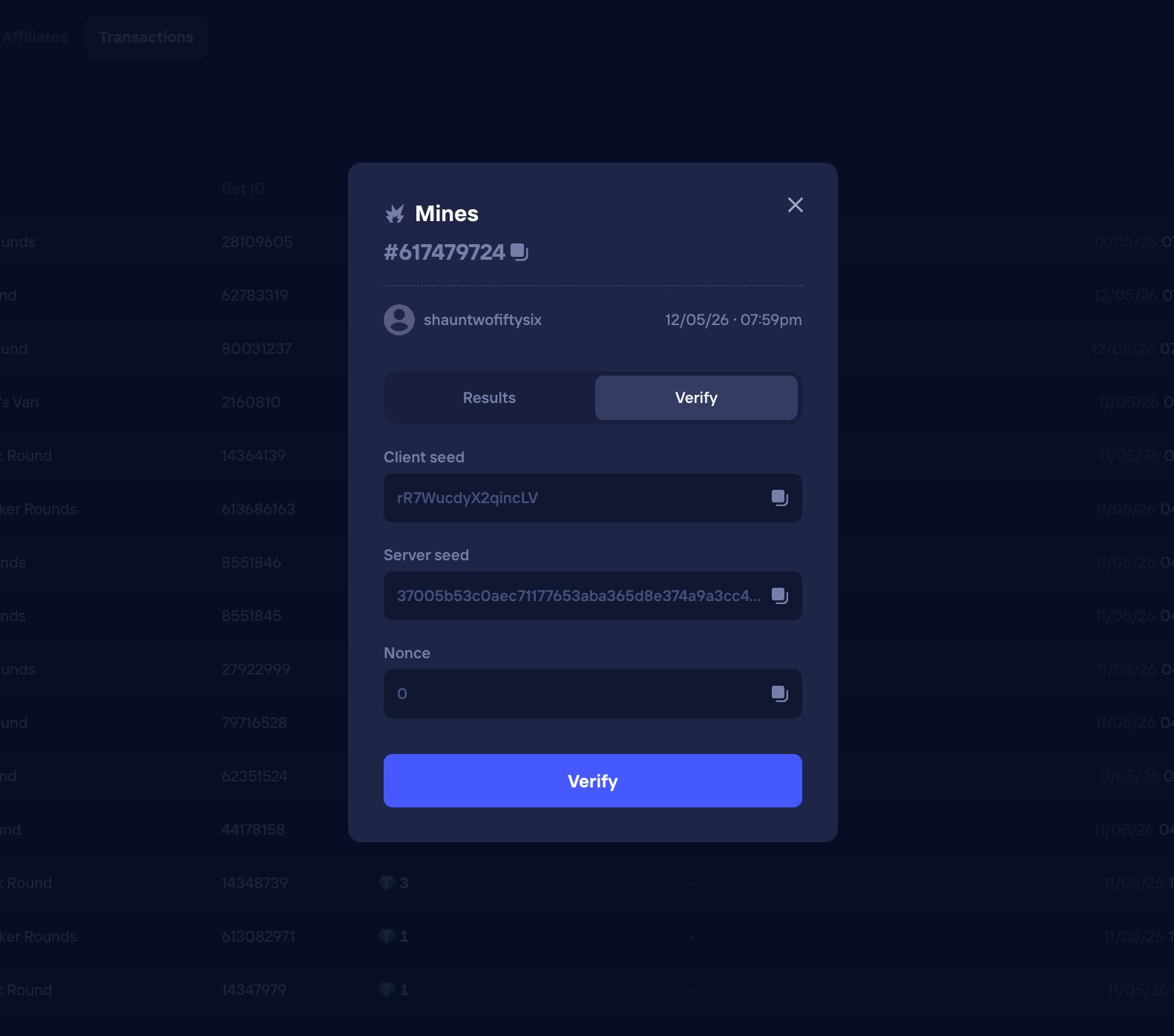 Per-bet transaction modal — revealed plaintext server seed, client seed, and nonce for the round.