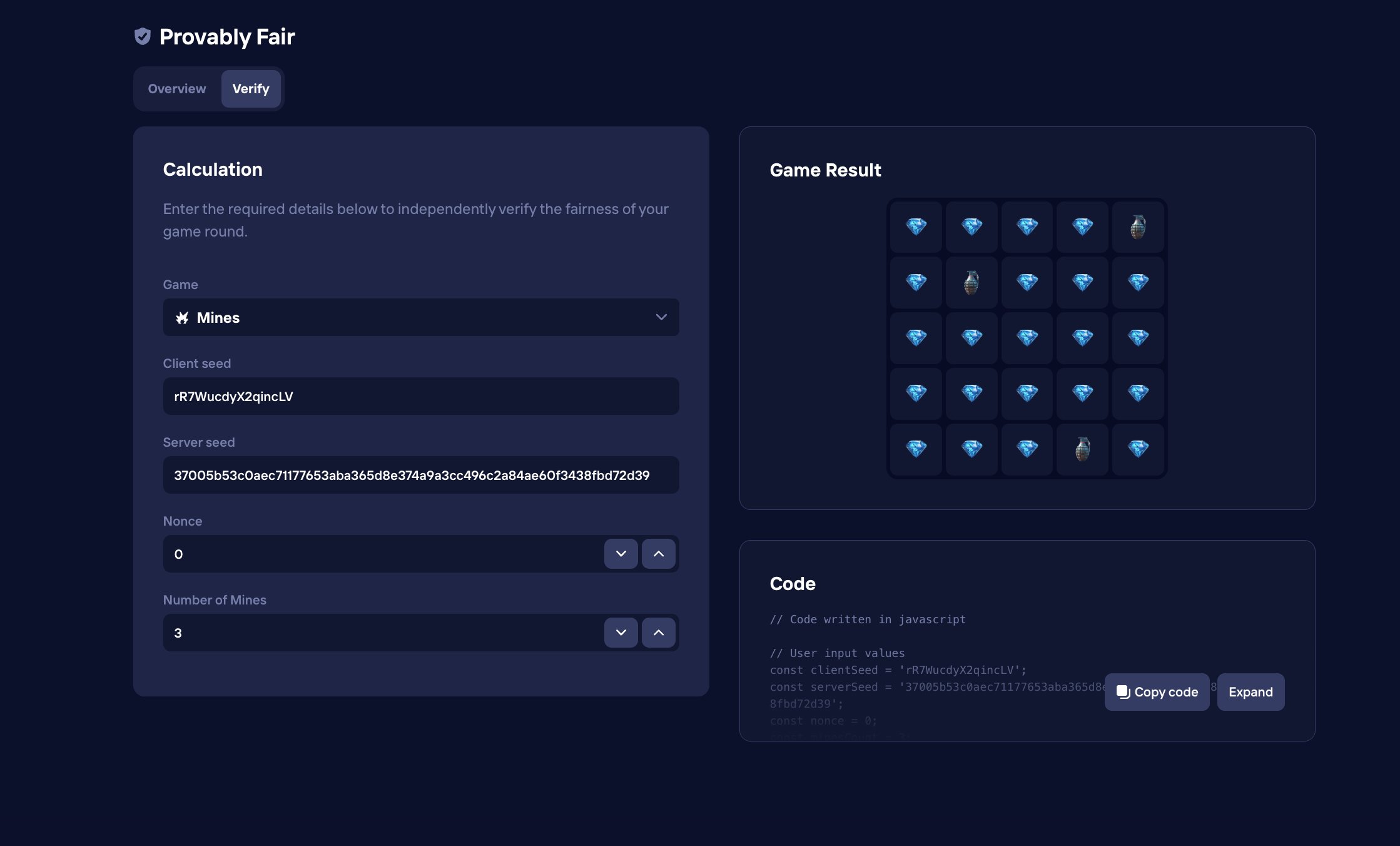 Provably Fair page — seeds populated from the per-bet modal, recomputed mine set rendered inline matching the live game result.