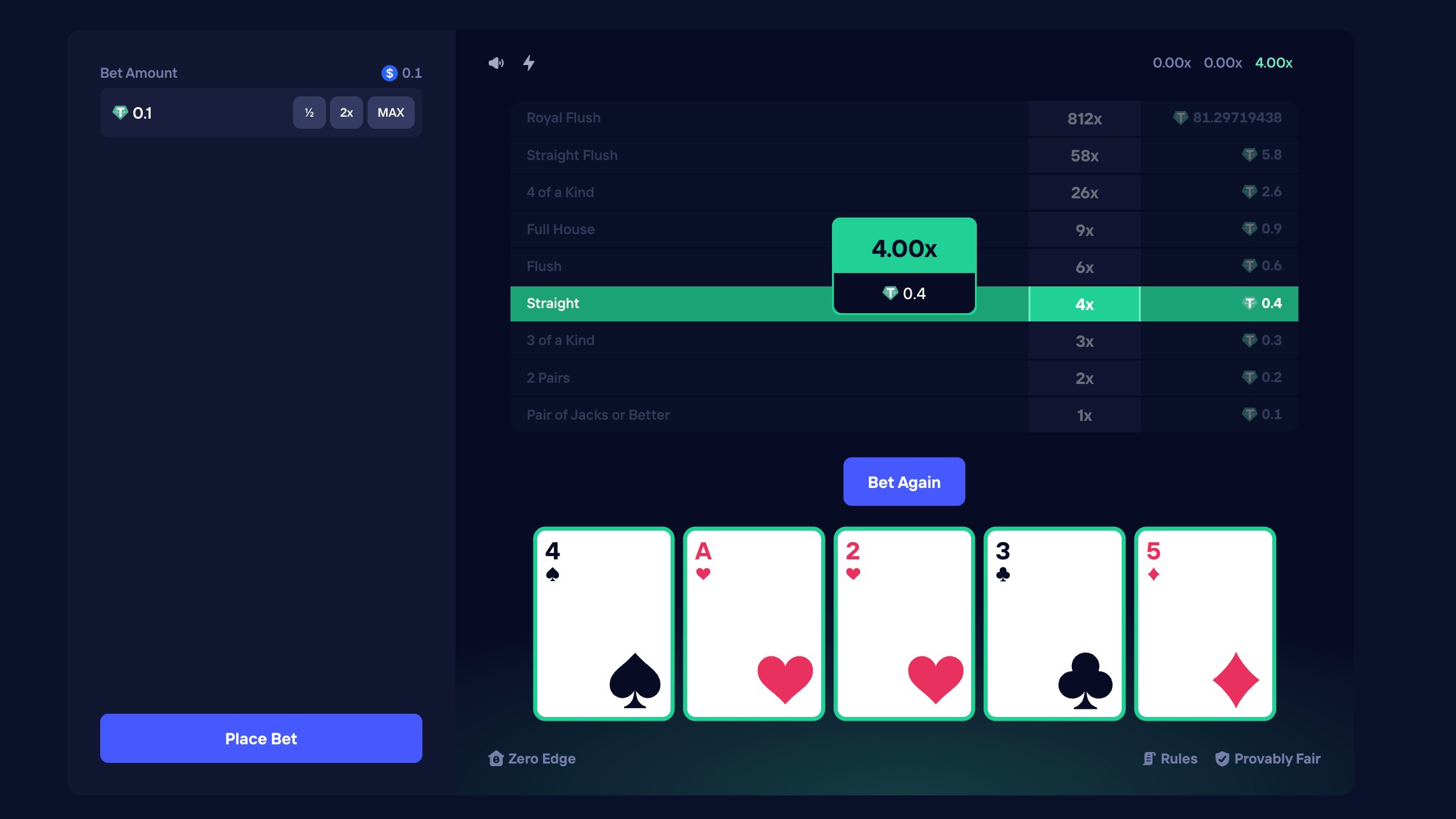 Duel.com Video Poker — final hand displayed with paytable, payout multiplier, and Bet Again action. Both the initial 5 cards and the replacement pool are locked before any animation plays.
