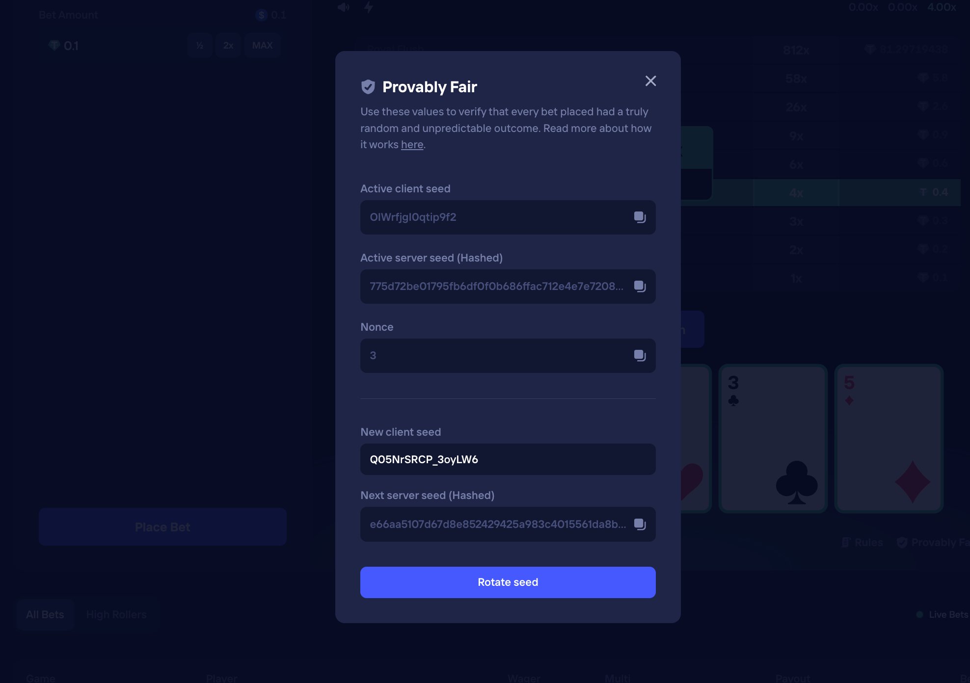 Provably Fair modal — active client seed, hashed server seed, nonce, customisable new client seed, next pair pre-commitment, and Rotate seed action.