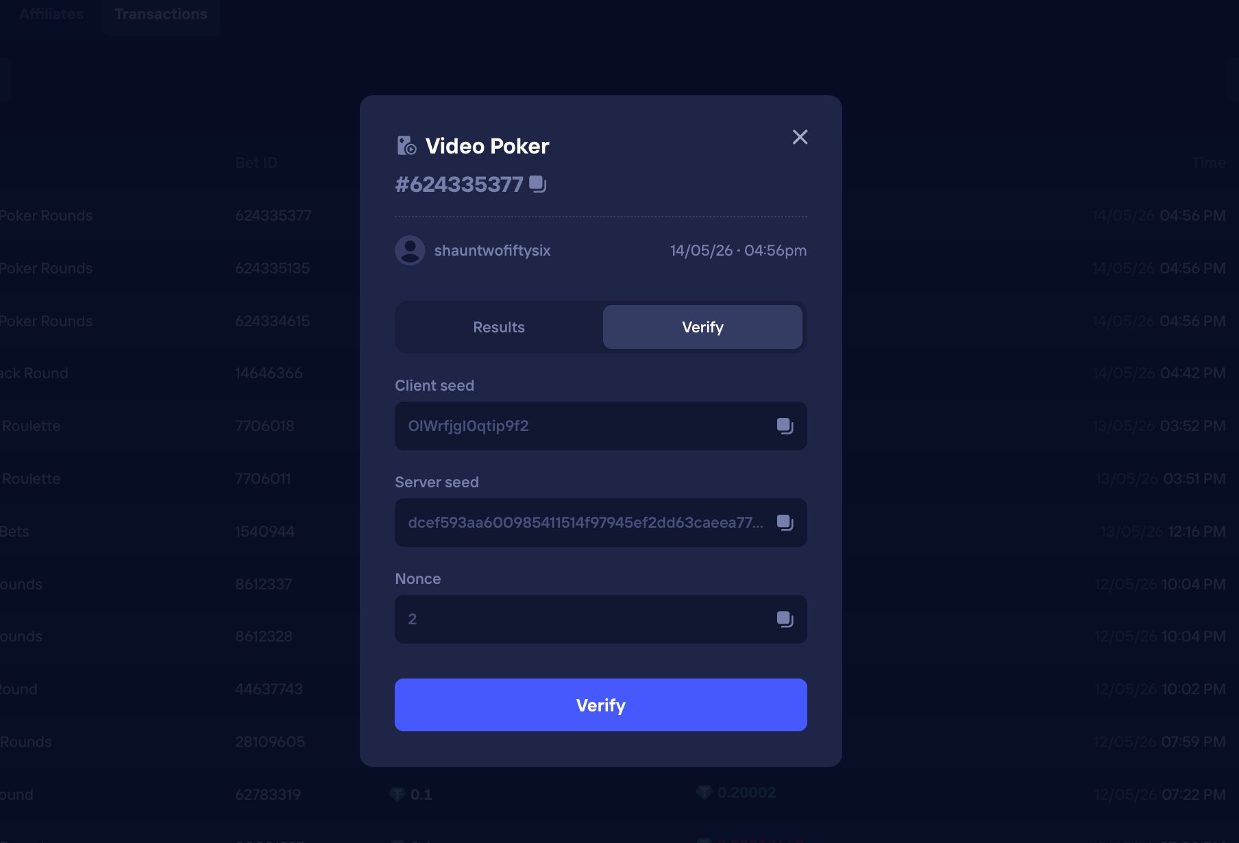 Per-bet transaction modal — revealed plaintext server seed, client seed, and nonce for the round.