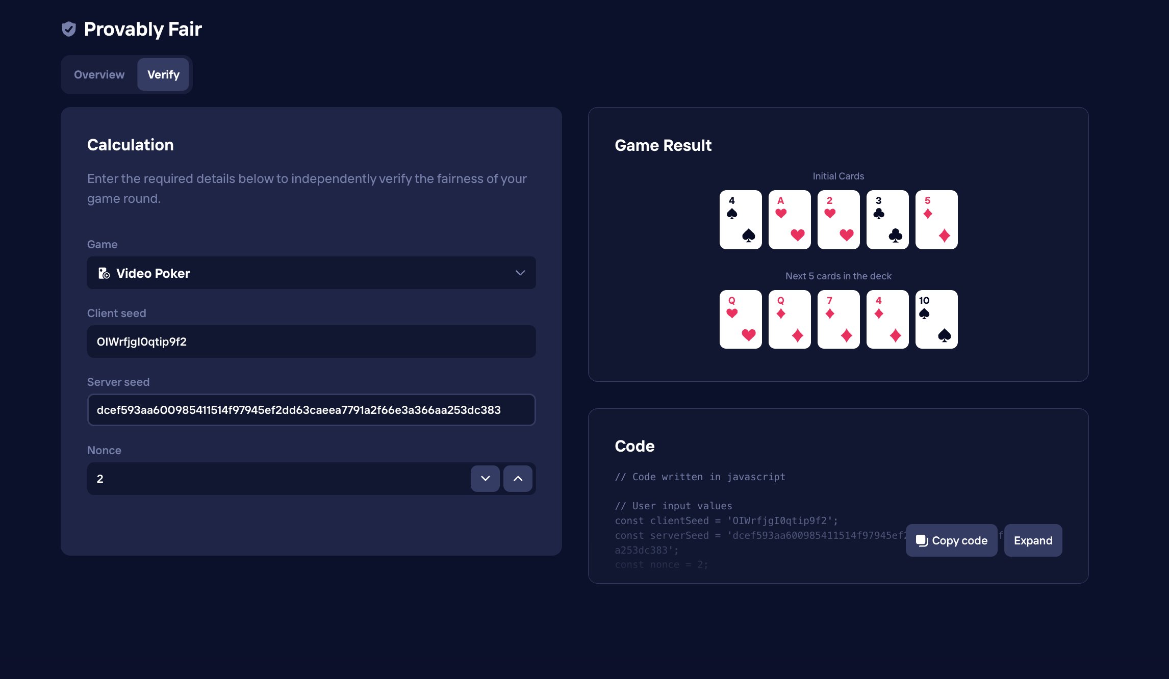 Provably Fair page — seeds populated from the per-bet modal, recomputed initial cards and replacement pool rendered inline matching the live game result.
