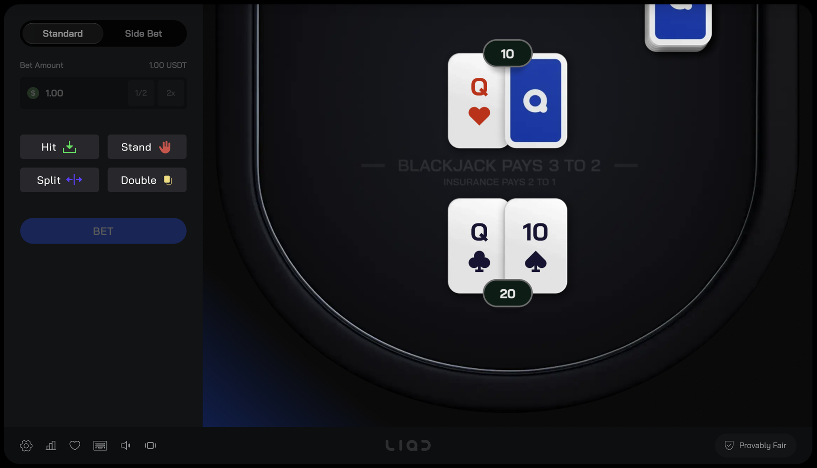 LIQD Blackjack on liqd.com — a $1.00 hand dealt Q♣ 10♠ (20) against the dealer’s Q♥, with the hole card face down. The whole shoe is fixed by the seeds before the deal.
