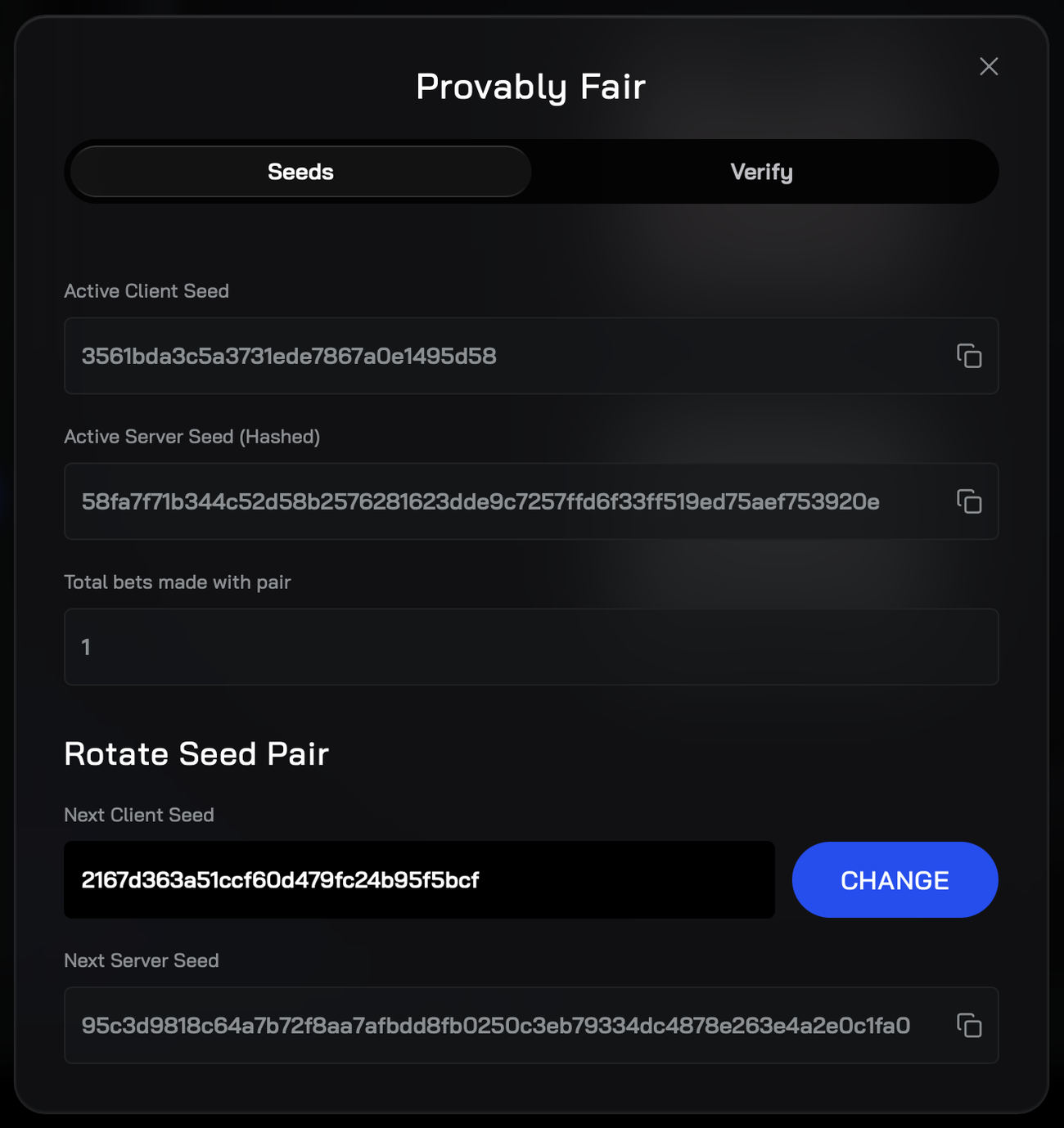The Seeds tab before rotating — Active Server Seed (Hashed) 58fa7f71…53920e after 1 bet, and the next server seed’s hash already published. The seed revealed by the rotation, 8c091faa…c8ddd1, hashes to 58fa7f71…53920e.