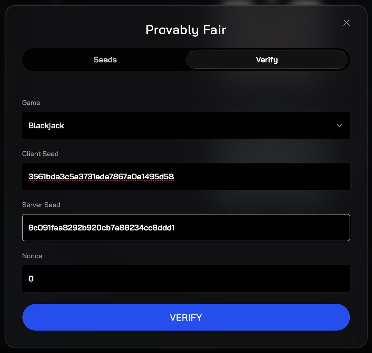 The Verify tab filled in for that hand — Blackjack, client seed, the server seed revealed in step 2 and nonce 0.