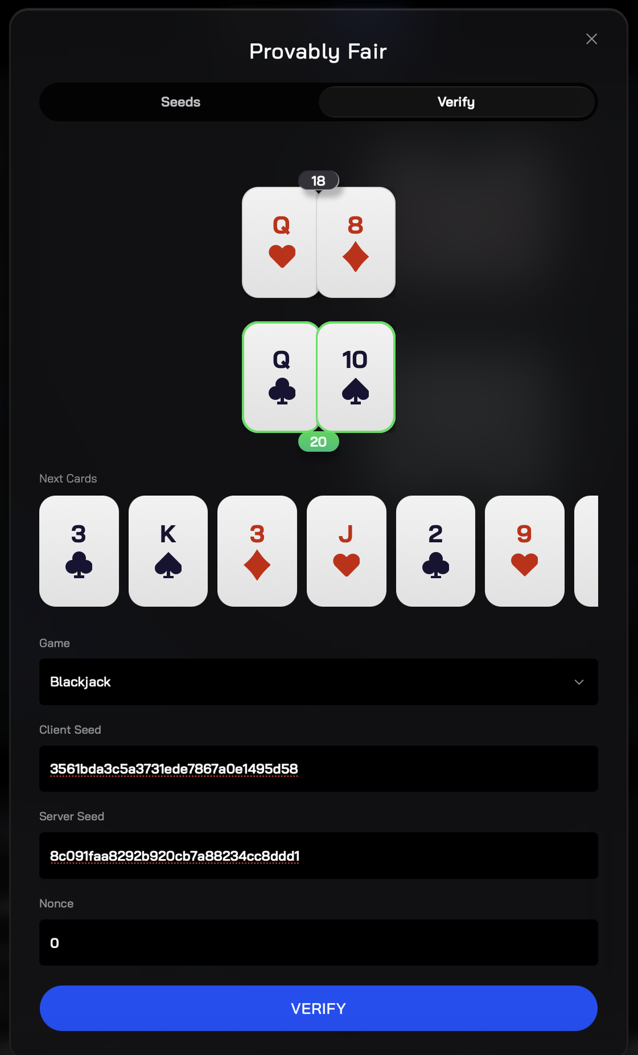 The result: the deal — Q♣ 10♠ (20) for the player, Q♥ 8♦ (18) for the dealer — and the next cards 3♣ K♠ 3♦ J♥ 2♣ 9♥. Our scripts in 6.8–6.9 reproduce it card for card: the shoe opens Q♣ Q♥ 10♠ 8♦ 3♣ K♠ 3♦ J♥ 2♣ 9♥.