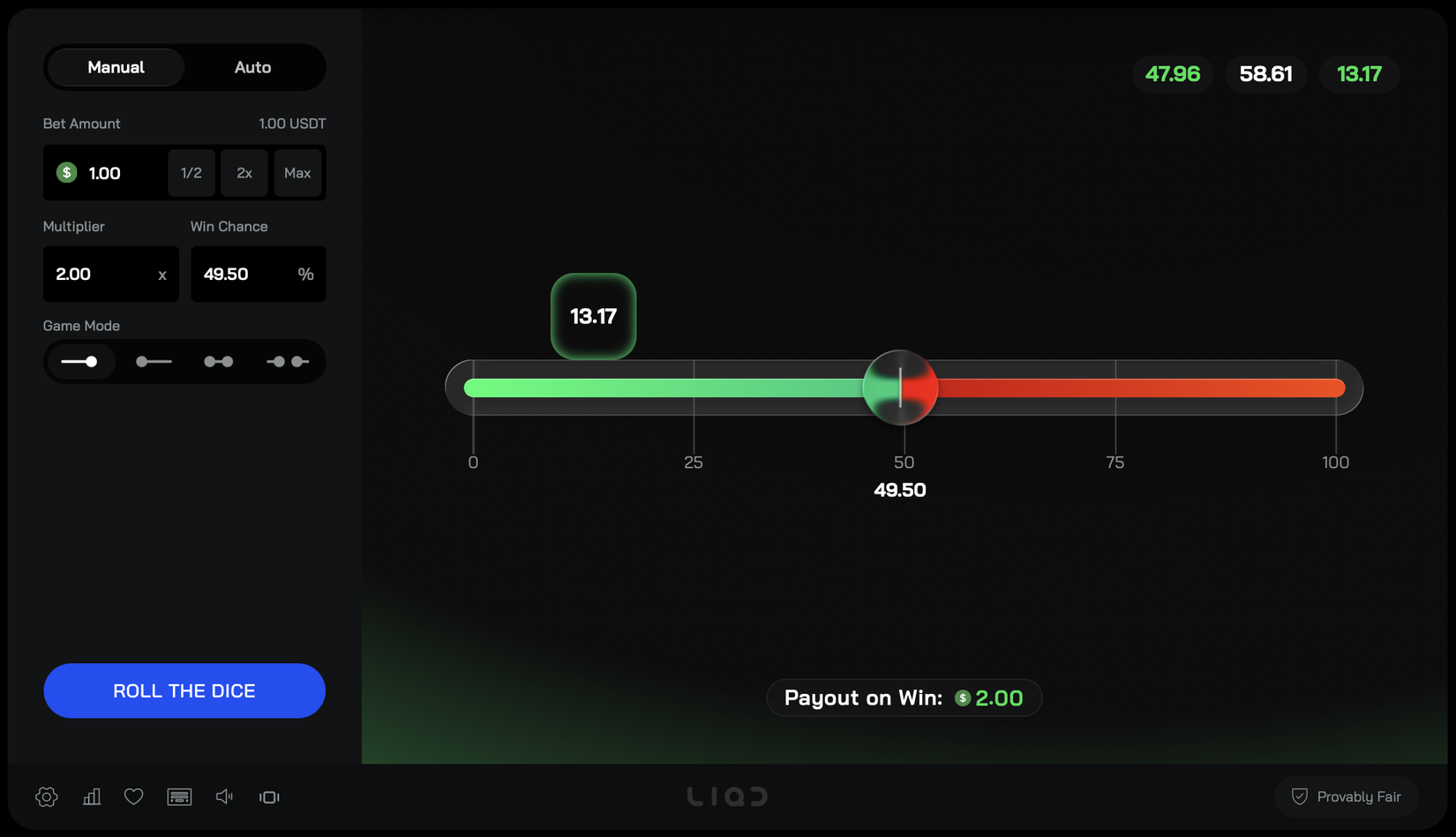 LIQD Dice on liqd.com — a $1.00 roll under 49.50 (2.00×, 49.50% win chance) that came up 13.17, a win paying $2.00; the 58.61 before it was the pair’s first roll (nonce 0).
