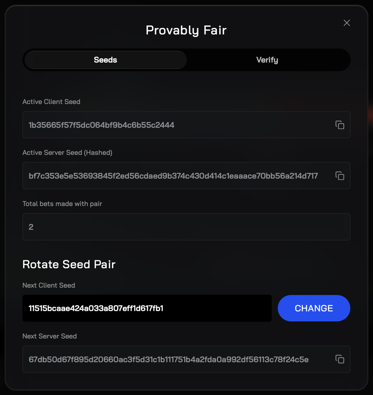 The Seeds tab before rotating — Active Server Seed (Hashed) bf7c353e…14d717 after 2 bets, and the next server seed’s hash already published. The seed revealed by the rotation, c18398a8…8ec7ab, hashes to bf7c353e…14d717.