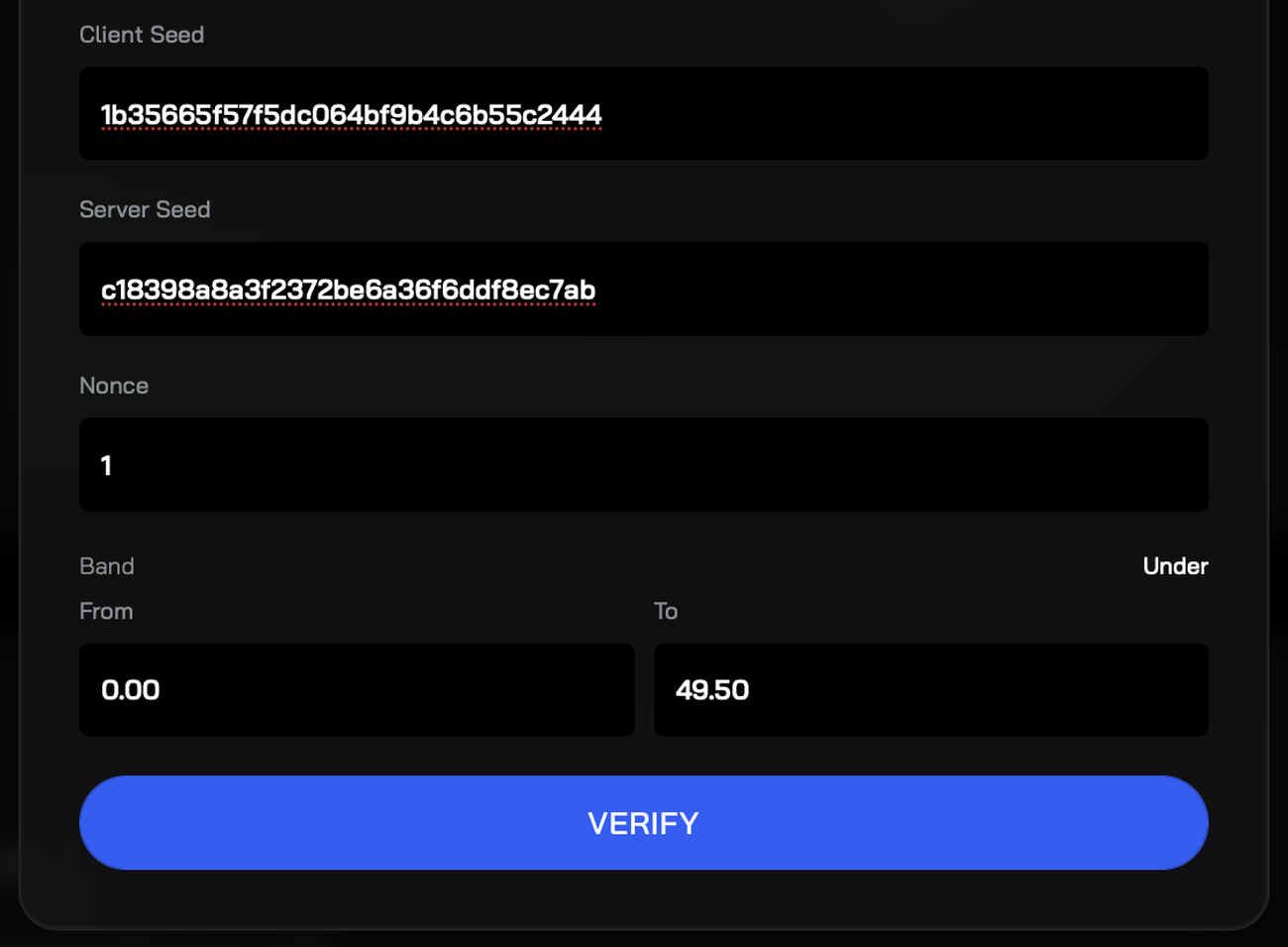 The Verify tab filled in for that roll — client seed, the server seed revealed in step 2, nonce 1 and the Under band from 0.00 to 49.50.