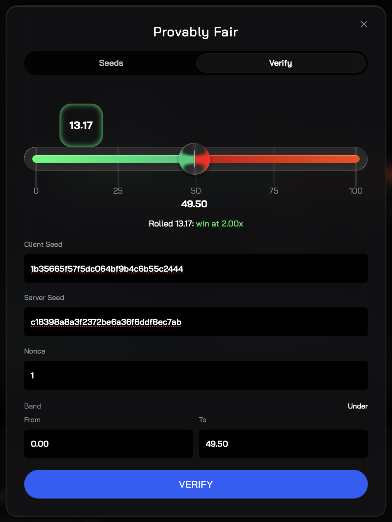 The result: “Rolled 13.17: win at 2.00x”. Our scripts in 6.8–6.9 reproduce it exactly: roll 13.17, a win under 49.50, $2.00 credited on the $1.00 stake.